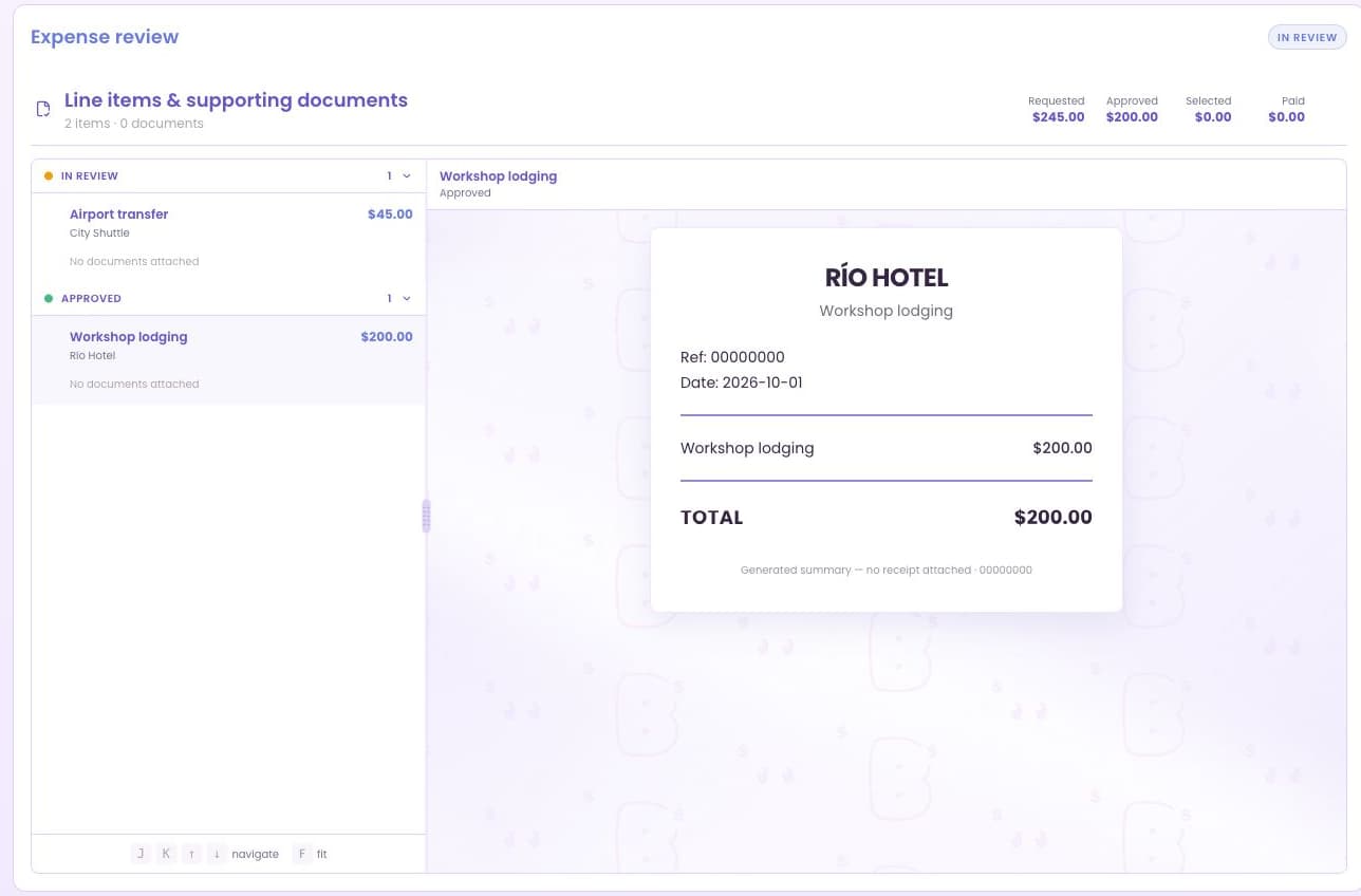 Read-only expense explorer showing an expense and a generated summary with no attached receipt.